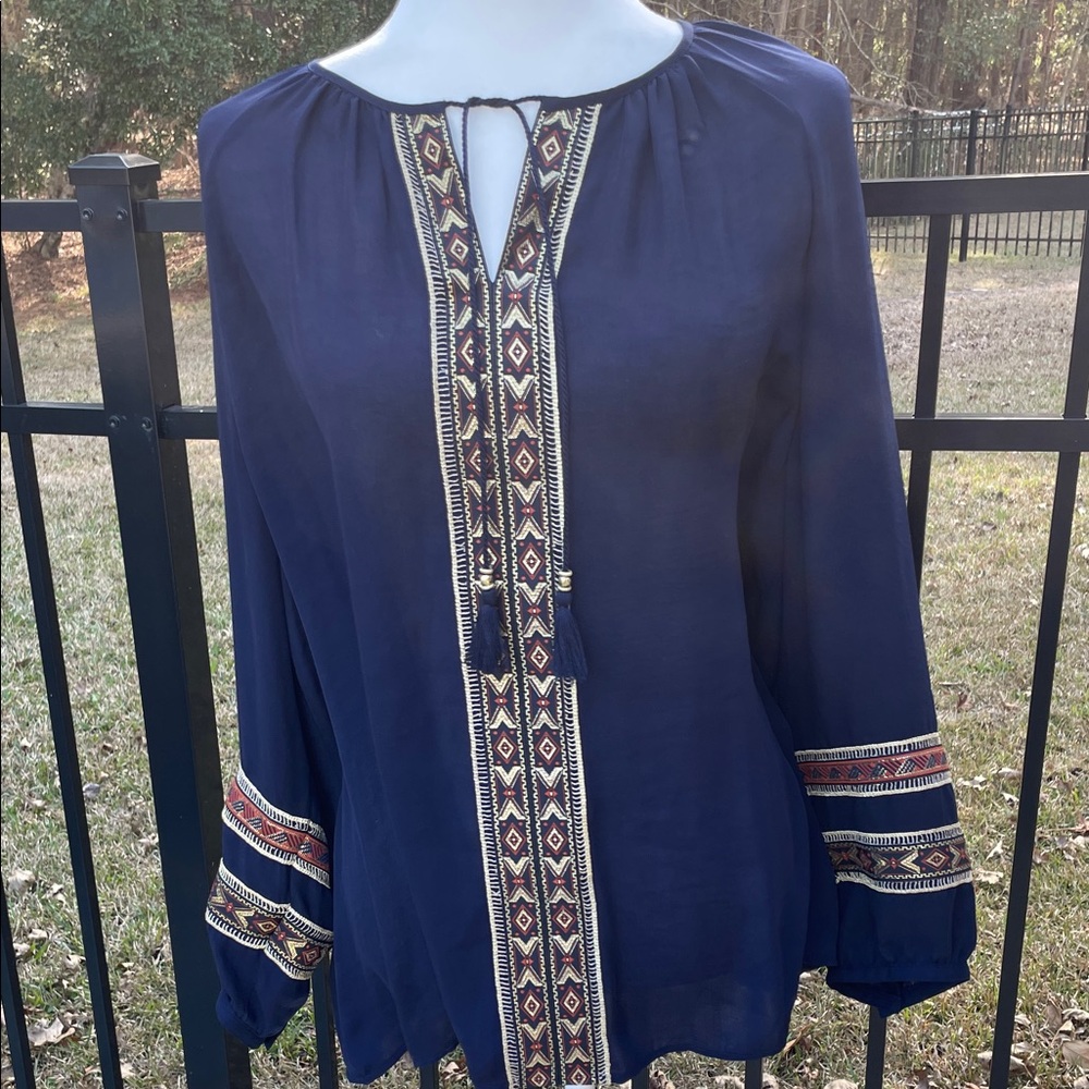 Chico's Deep Navy Boho Novelty Peasant Woven Top